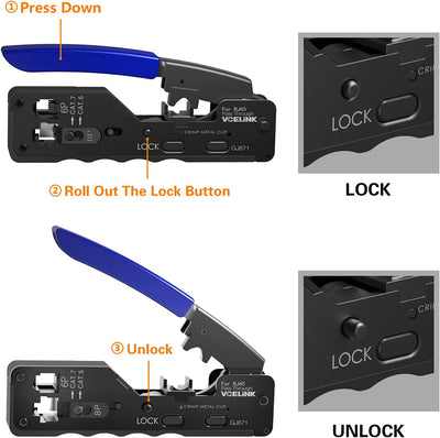 VCELINK GJ671BL Crimpzange RJ45 Presszange für RJ45 Stecker mit Cat 7 Cat6A Lan Stecker Pass Through