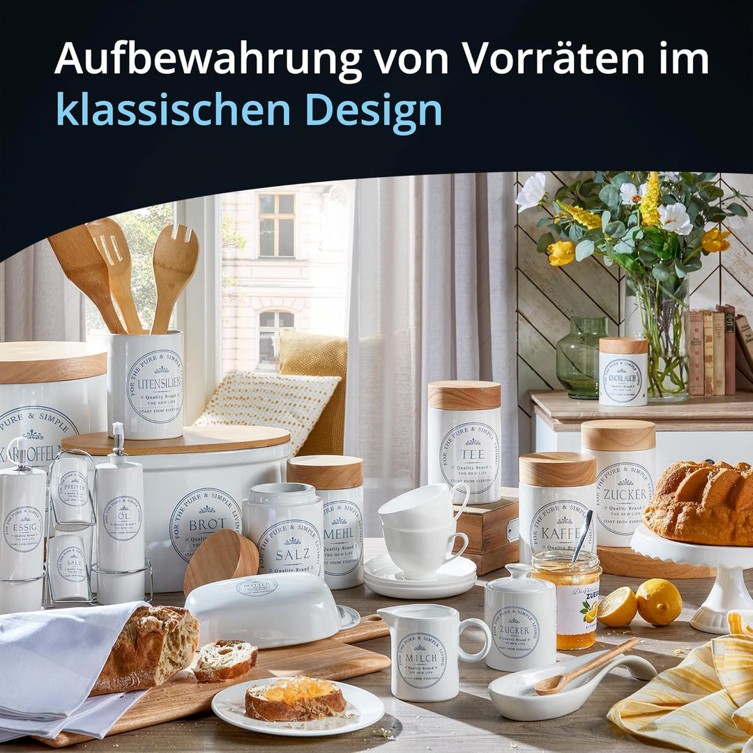 KHG Mehldose luftdicht, Mehl Aufbewahrung Keramik Steingut Weiss Holzdeckel Bambus, Kapazität 500g,