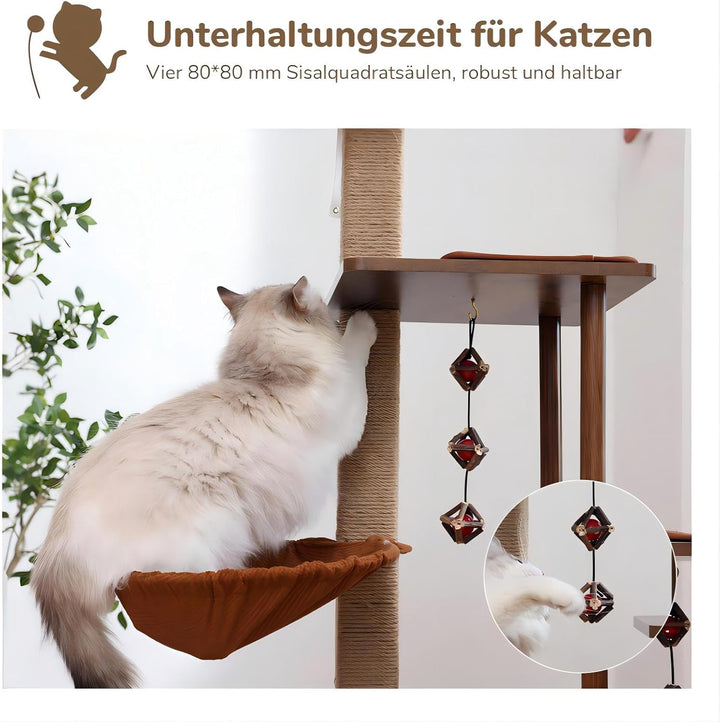 FUKUMARU Kratzbaum, 135 cm hoher Kratzbaum, mit Juteseil-Kratzpfosten und Hängematte, Katzenbaum mit