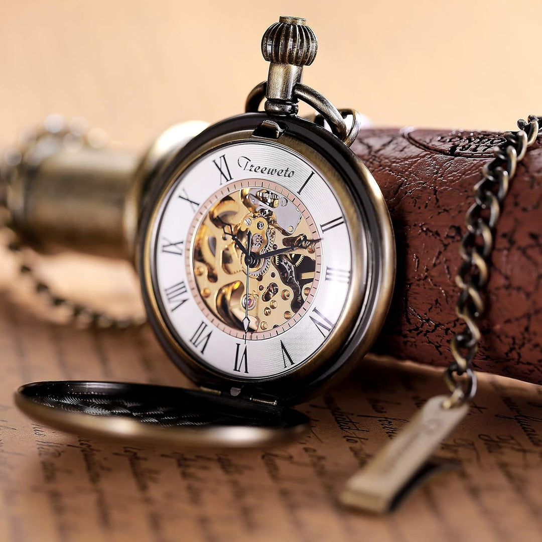 TREEWETO Antike Drache Mechanische Skelett-Taschenuhr mit Kette Bronze083, Bronze083