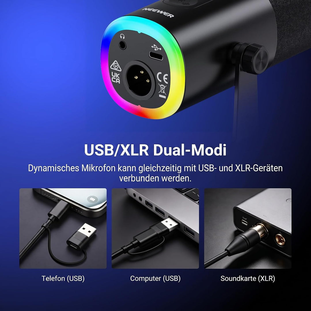 NEEWER DM03 USB/XLR RGB Dynamik Mikrofon mit Stummschaltung AI Rauschunterdrückung, Mic Verstärkungs