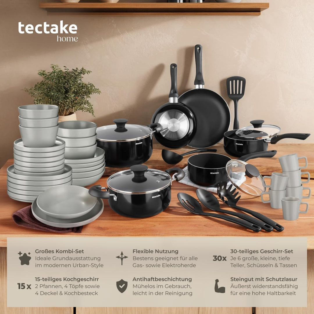 tectake® Küchenstarterset 6 Personen, Steingut Geschirr Set, Teller, 4 Töpfe 2 Pfannen rostfreies Al