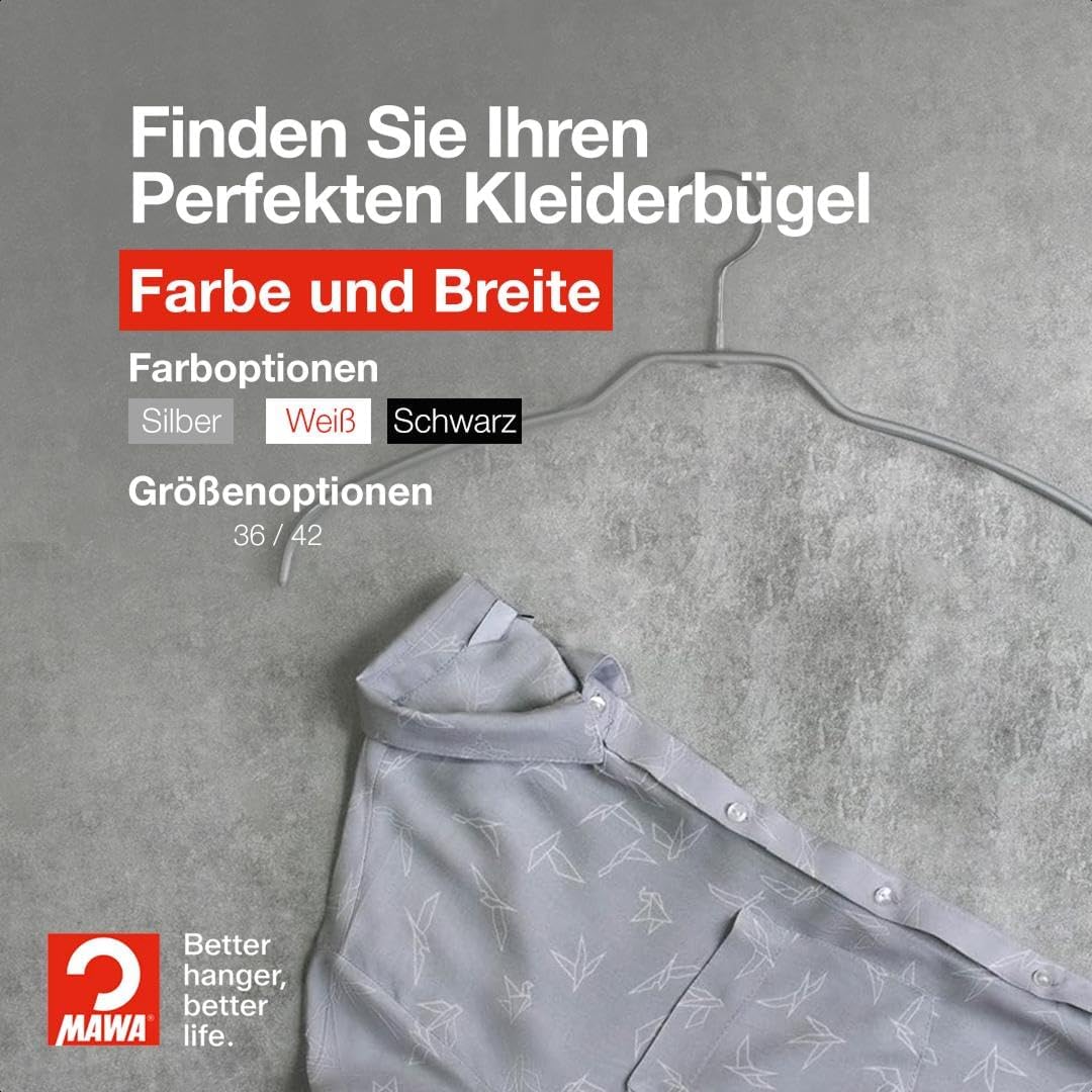 MAWA Kleiderbügel Light, Set mit 20 50% platzsparenden und rutschfesten Bügeln, ideal für Hemden und