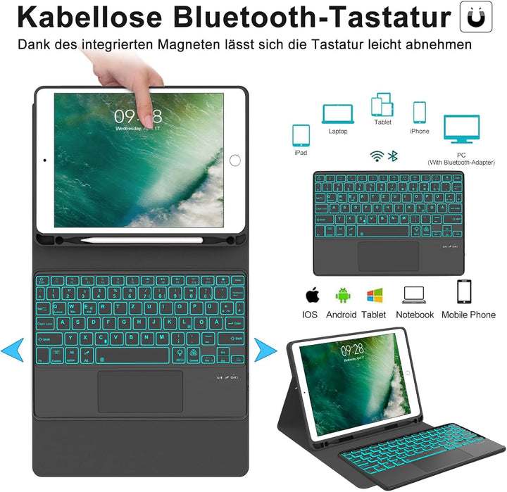 IVEOPPE Hülle mit Tastatur für iPad 6. Generation 9.7 Zoll Con Touchpad, Magnetisch Abnehmbarer QWER