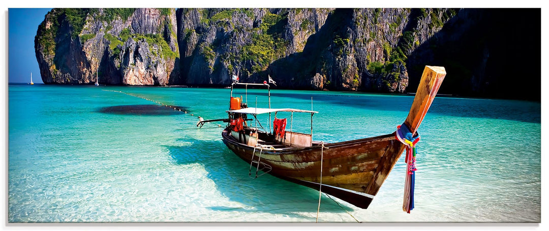 ARTland Glasbilder Wandbild Glas Bild einteilig 125x50 cm Querformat Strand Meer Südsee Boot Thailan