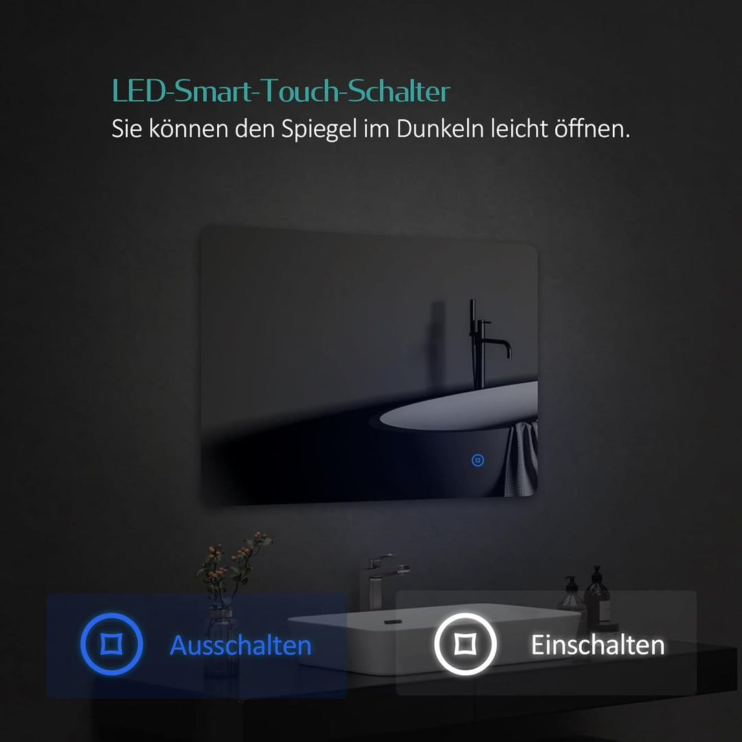 EMKE LED Badspiegel 80x60cm Badezimmerspiegel mit Beleuchtung mit Touchschalter+3 Lichtfarbe Dimmbar