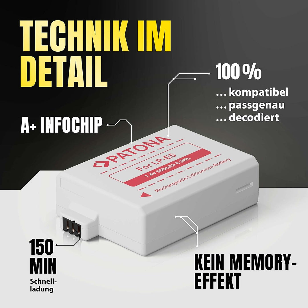 PATONA 2X Akku Ersatz für Canon LP-E5 LPE5 Battery Pack 850mAh 7.4V 6.3Wh | Ersatzakku für EOS Rebel