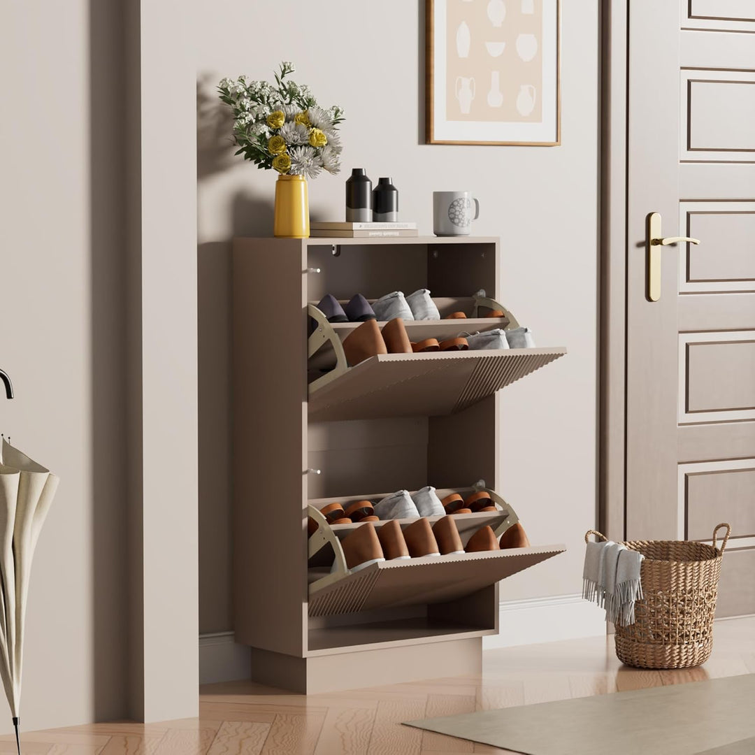 UEV Schuhschrank mit 4 Klappen, Schuhkipper Schuhkommode Schuhregal schmal für Flur mit Kippschutz/D