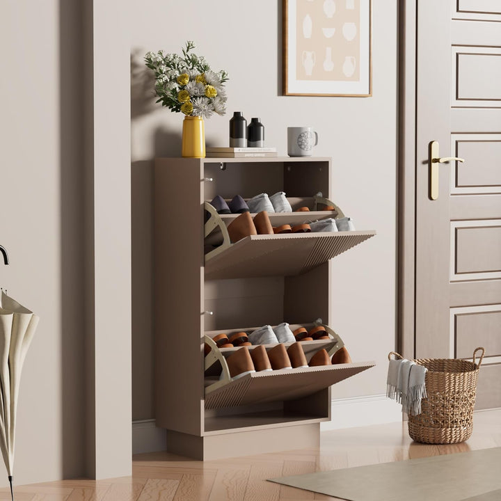 UEV Schuhschrank mit 4 Klappen, Schuhkipper Schuhkommode Schuhregal schmal für Flur mit Kippschutz/D