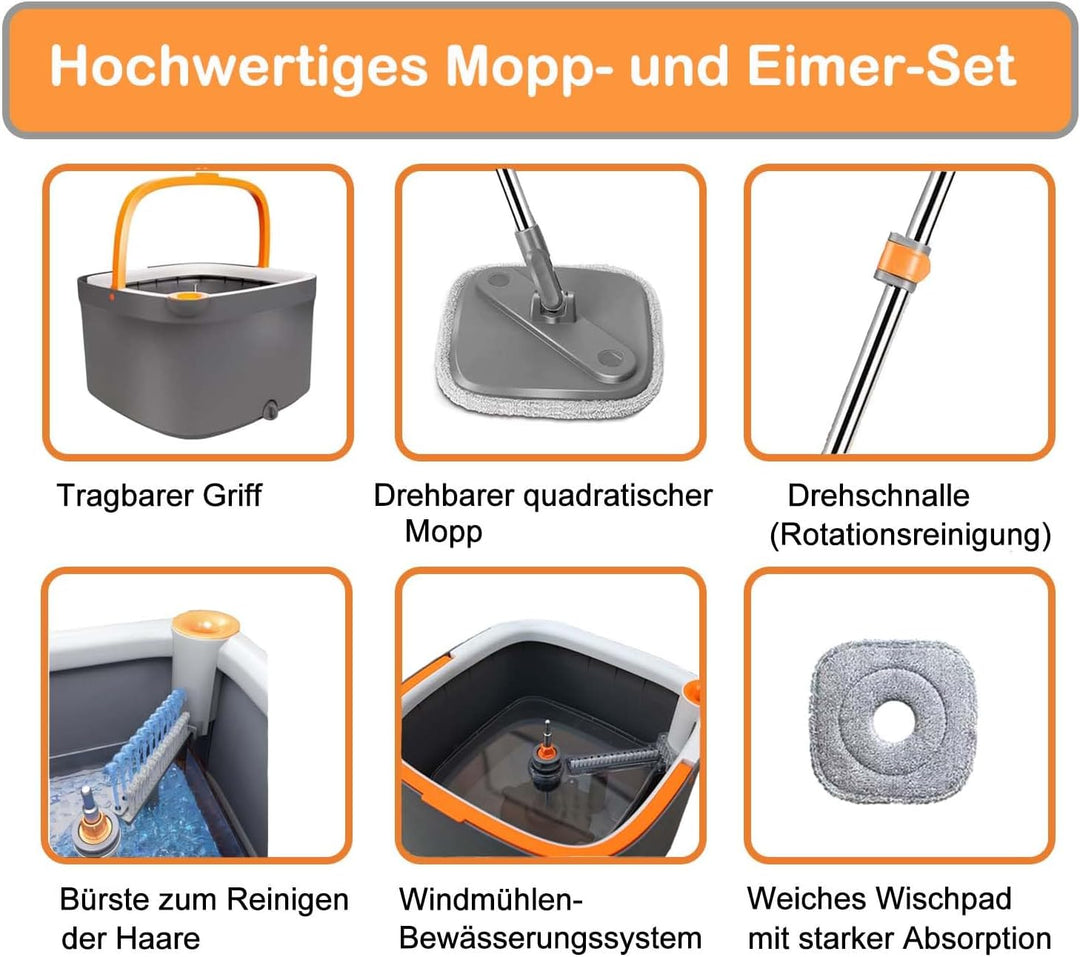 Feloyal Bodenwischer Wischmopp Set Spin Mopp und Eimer Set mit 6 Mikrofaser-Mopppads mit Selbsttrenn