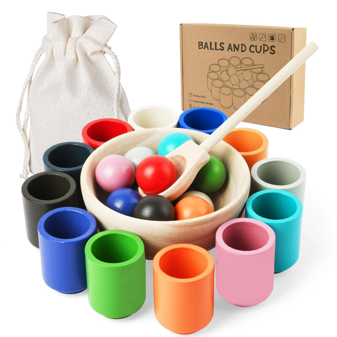 Vicloon Bälle in Tassen, Montessori Spielzeug ab 3 Jahr, 12 Kugeln 29 mm Regenbogen Holzkugeln in Ta