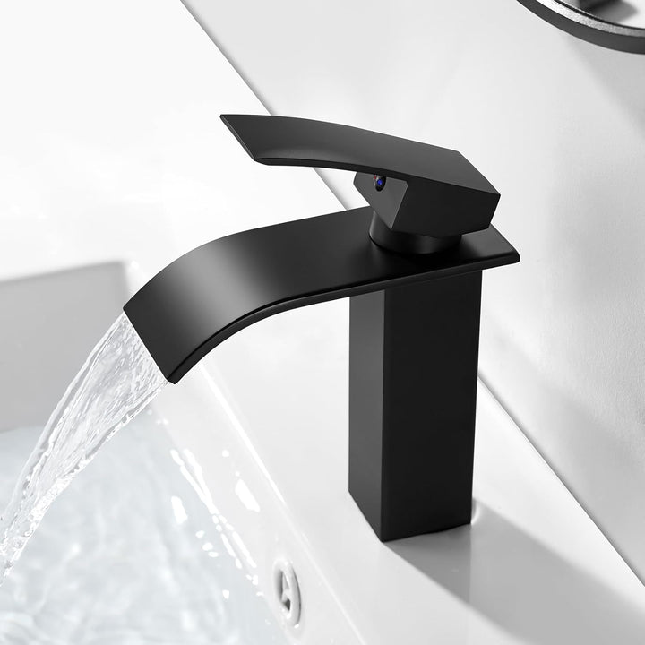 kisimixer Wasserhahn Bad Schwarz, Wasserfall Waschtischarmatur mit Auslauf Höhe 105 mm, Einhebelmisc