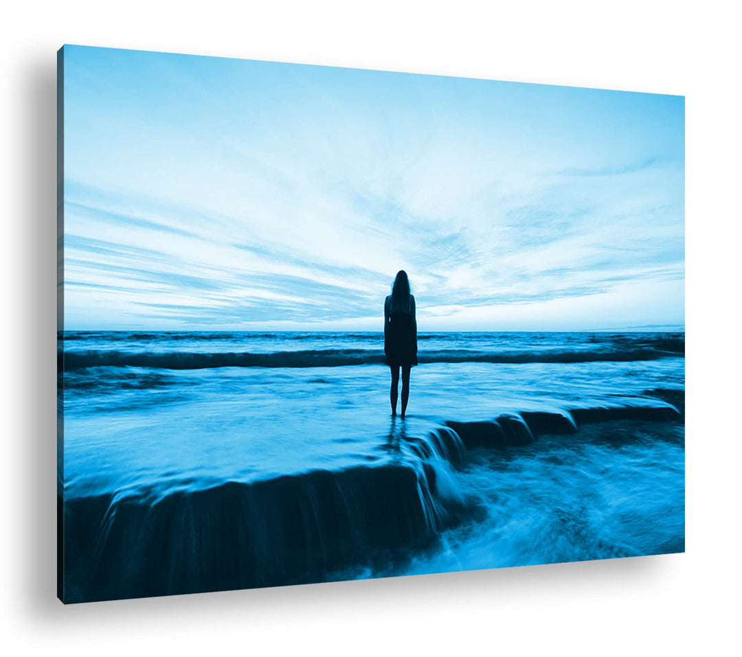 deyoli Sonnenuntergang am Meer Format: 80x60 Effekt: Monocrome Blau als Leinwandbild, Motiv fertig g