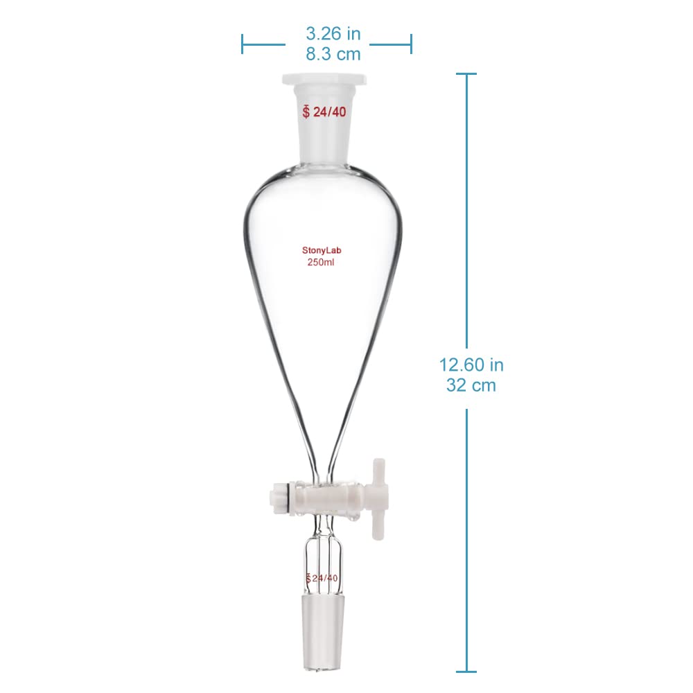 StonyLab 250 ml Trichter aus Borosilikatglas, Separatory Funnel, Schwerwandig Konisch mit 24/40 Gele