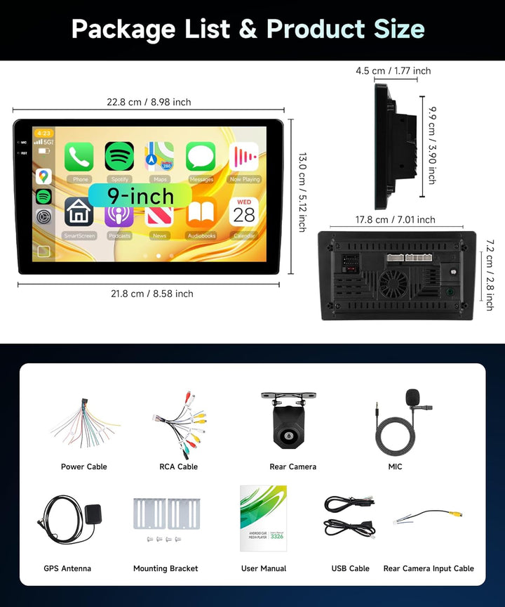 Rimoody 4G+64G Android 13 Autoradio 2 Din 9 Zoll Touchscreen Autoradio mit Wireless Carplay Android