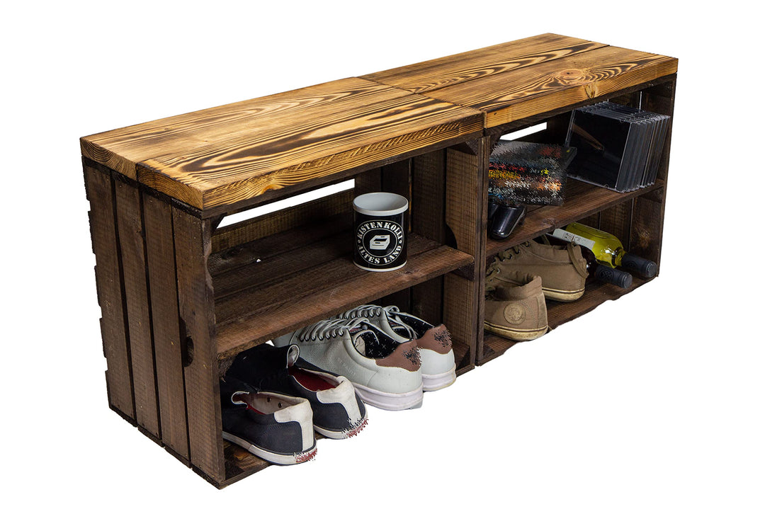 Kistenkolli Altes Land 2er Set Obstkiste aus Holz & Holzplanken Schuhschrank Hocker Sitzbank Weinabl