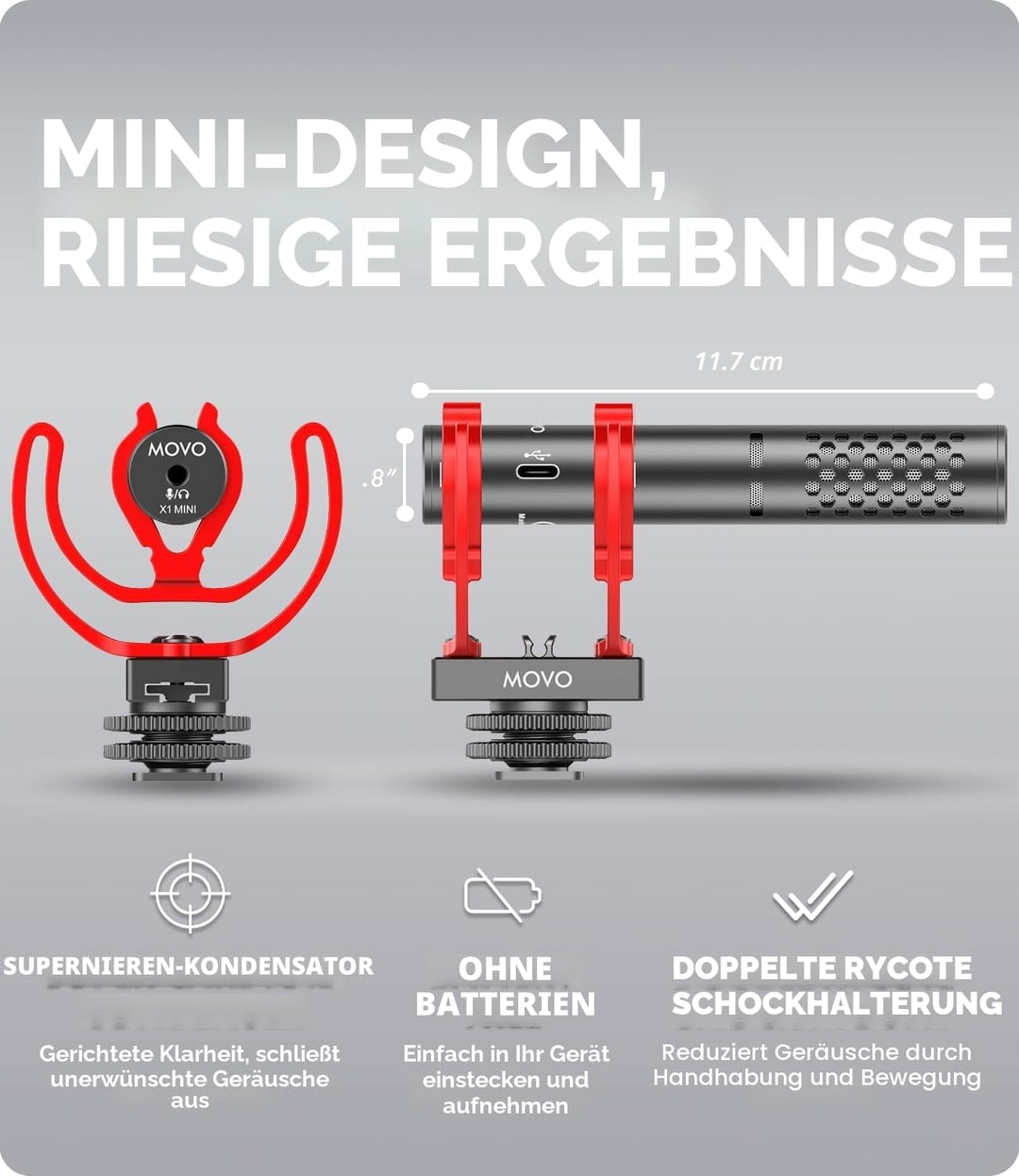 Movo X1-Mini Video Shotgun Mikrofon für Kamera Superniere 3,5 mm/USB-C Analog/Digital Kameramikrofon