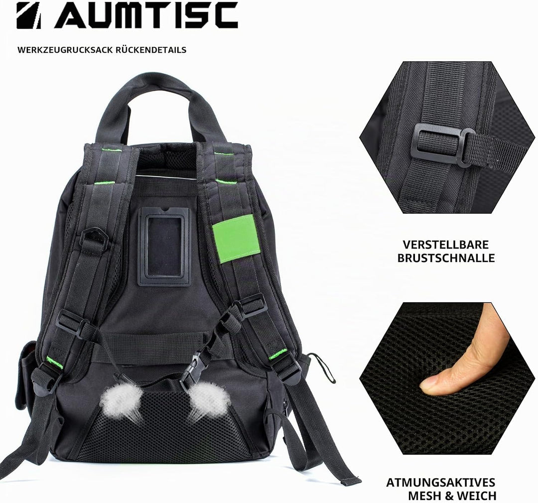 AUMTISC Werkzeug-Rucksack, strapazierfähig, für Baustellen, Werkzeugtasche mit Mehrzwecktasche, für