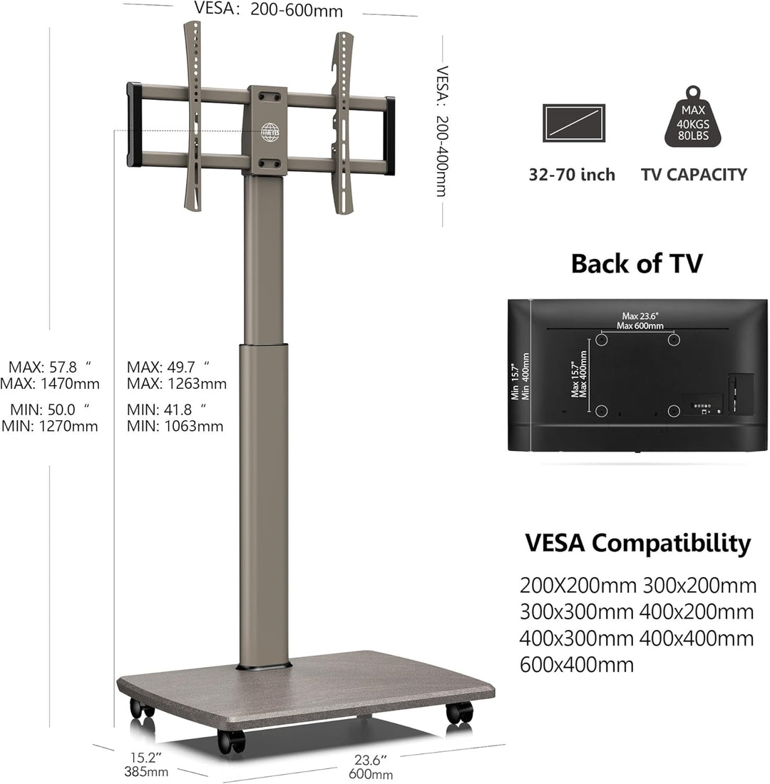 FITUEYES TV Bodenständer Rollbar mit Holzablage TV Standfuss TV Ständer Fernsehstand mit Rollen höhe