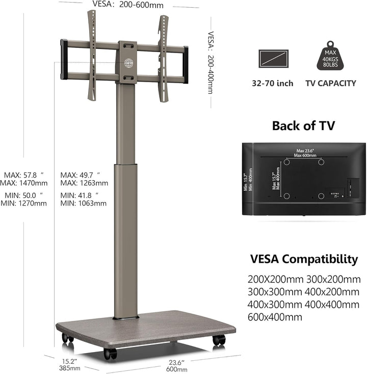 FITUEYES TV Bodenständer Rollbar mit Holzablage TV Standfuss TV Ständer Fernsehstand mit Rollen höhe