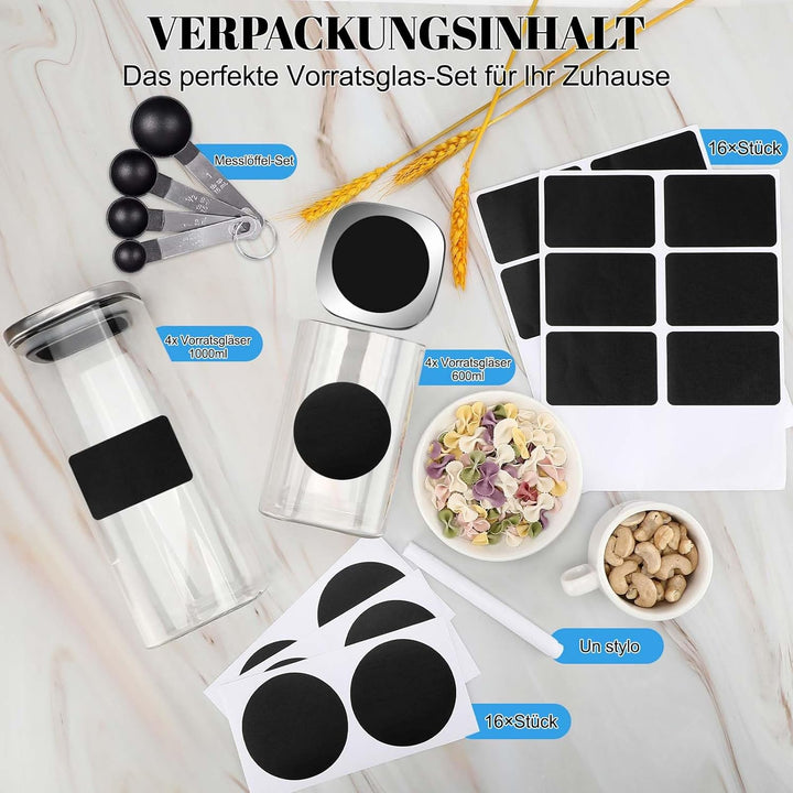 Auauraintt Vorratsgläser 8er Set, Vorratsdosen mit Deckel Luftdicht, Edelstahl Deckel Gewürzdosen 4x