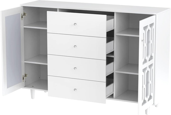 ModernLuxe - Weiss verspiegelte Sideboard mit Kristallgriffen, für Wohn- und Esszimmer (147,5 x 40 x