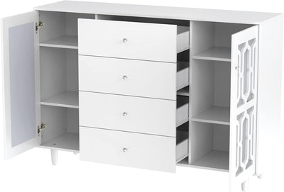 ModernLuxe - Weiss verspiegelte Sideboard mit Kristallgriffen, für Wohn- und Esszimmer (147,5 x 40 x