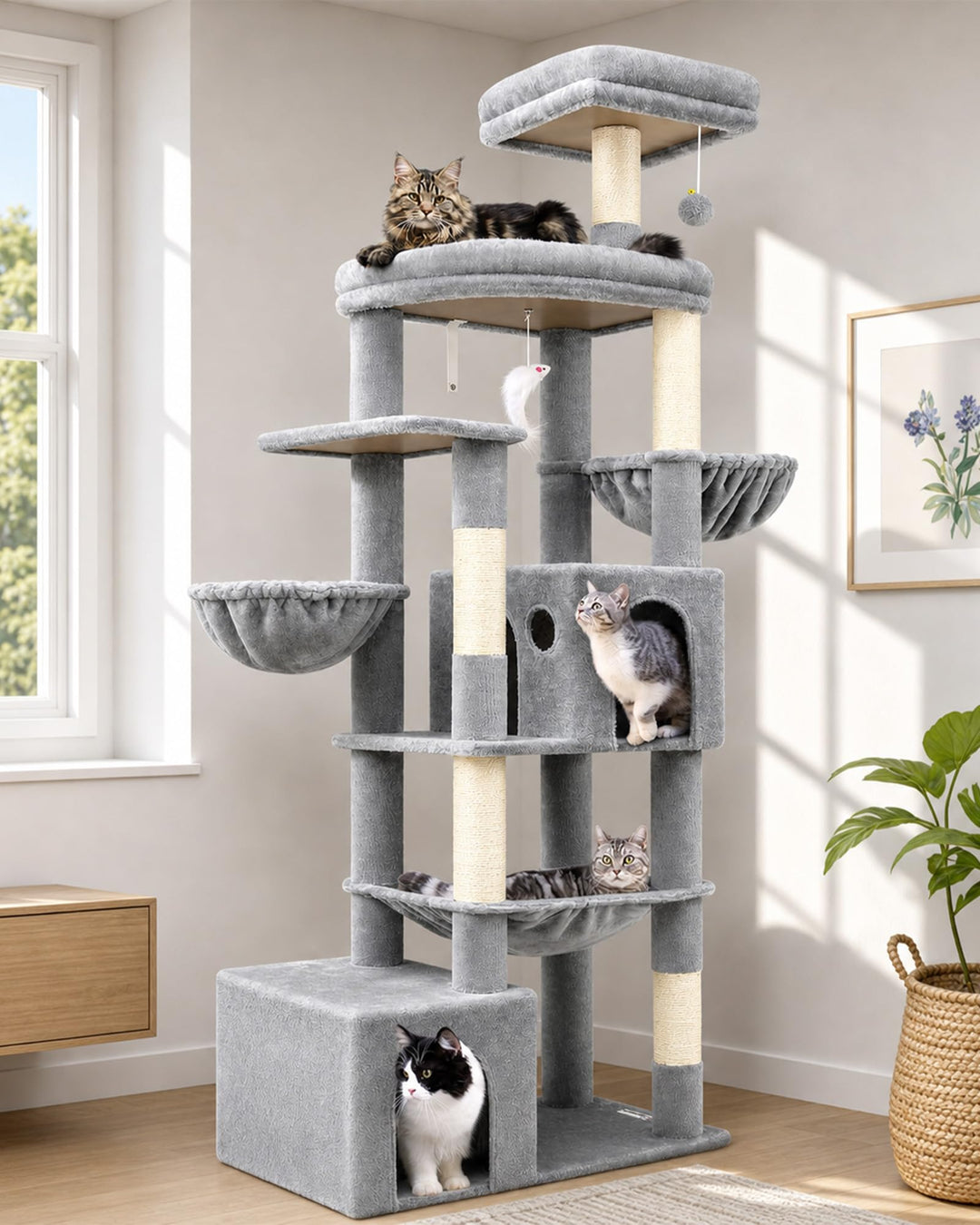Globlazer Kratzbaum XXL 193 cm Hoch mit 2 Grosse Katzenhaus, Hängematte 50 * 40CM, Gross Plattform G