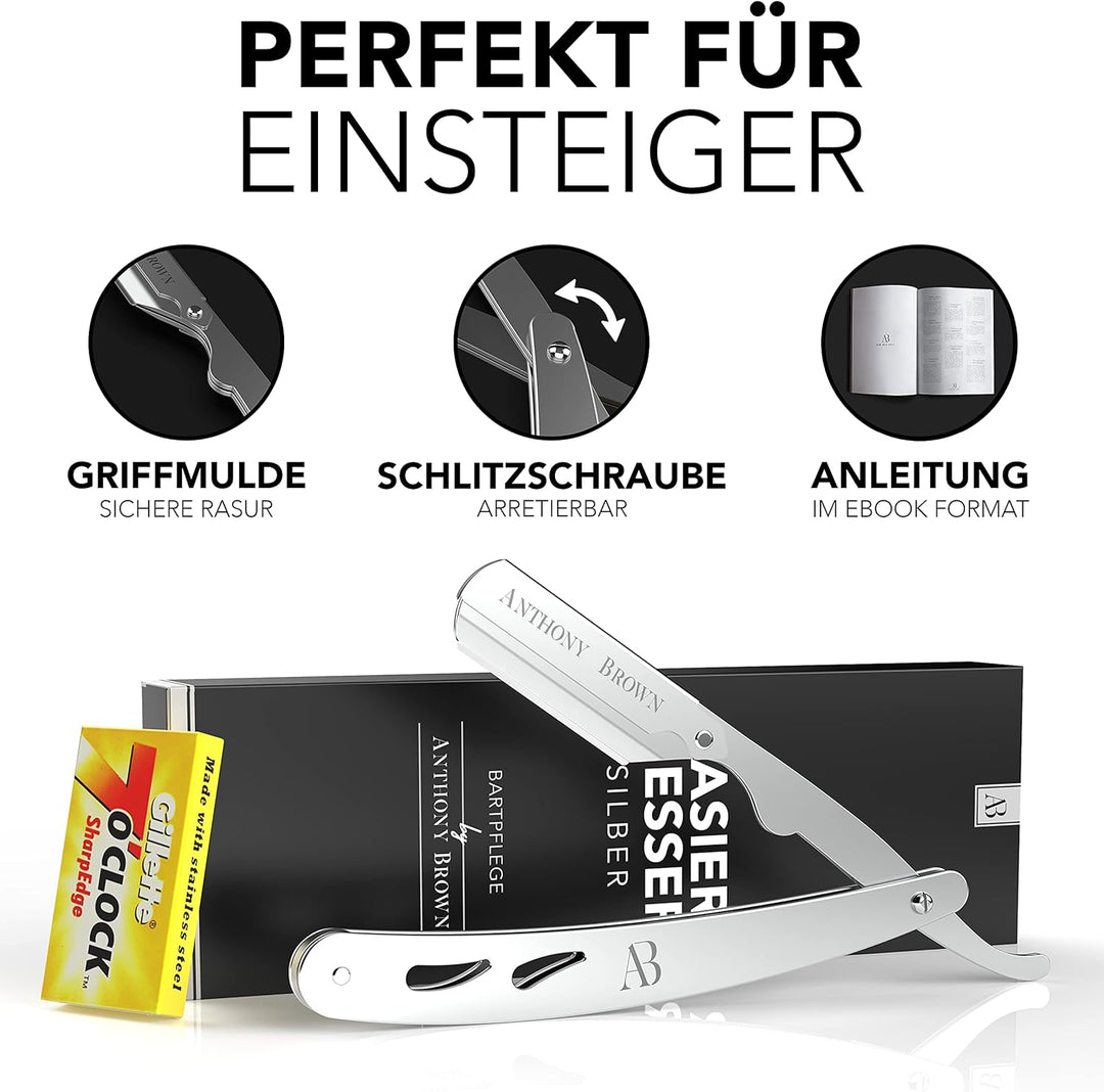 Anthony Brown® Rasiermesser in Schwarz oder Silber - einzigartiger Klingenkopf für mehr Präzision -