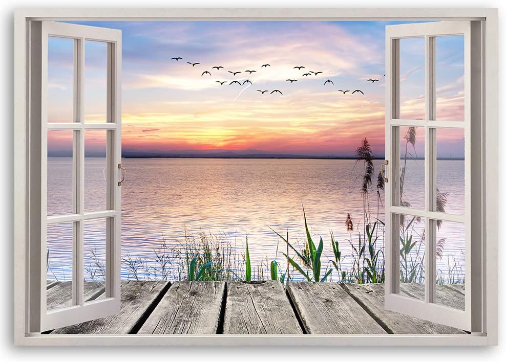Feeby Viles - Leinwand Bilder - Fensterblick Natur- 90x60 cm- Deko Wohnzimmer - Wandbilder Schlafzim