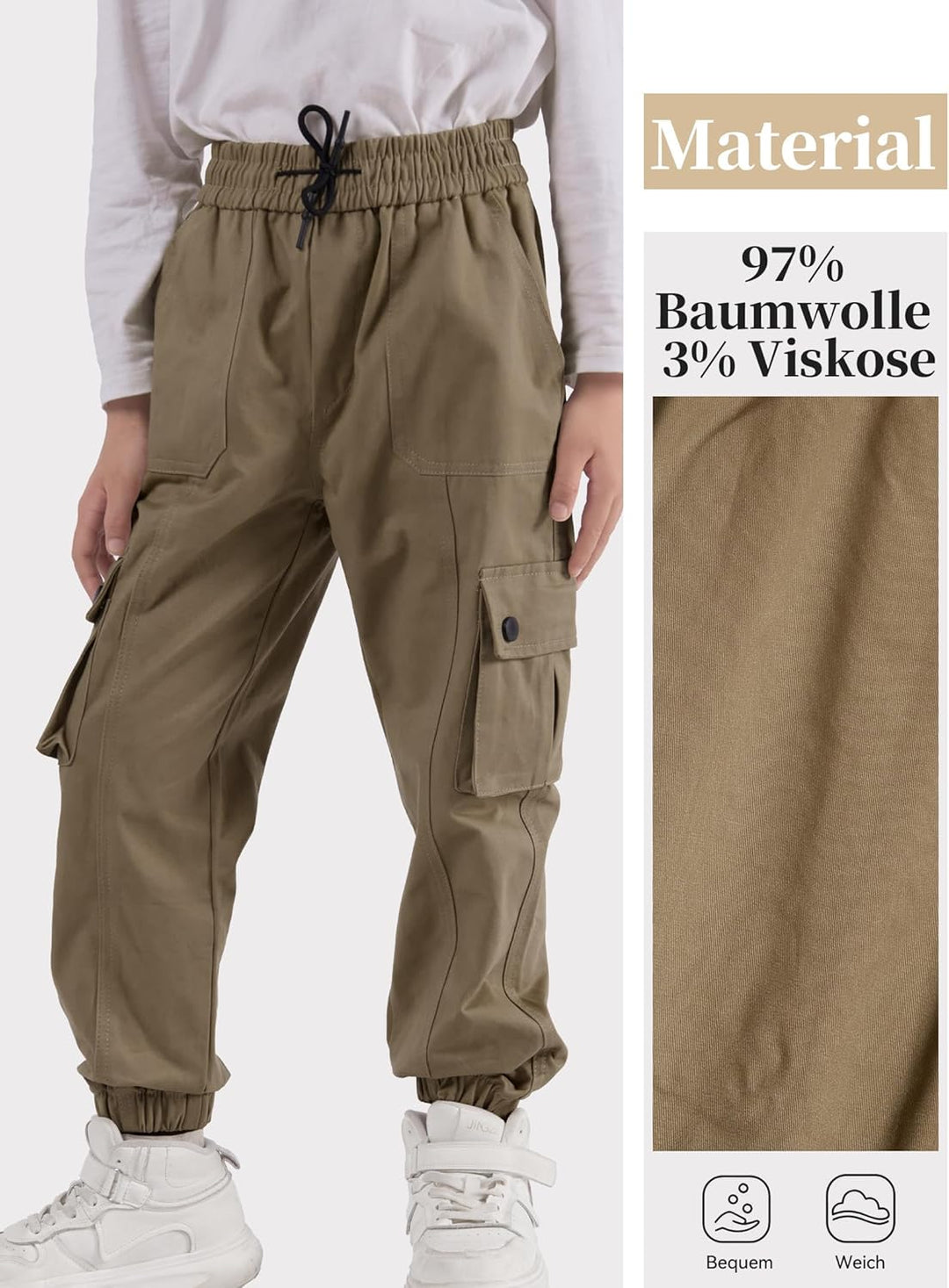 NATUST Kinder Cargo Hose mit elastischem Bund Funktionshose Jungen Jogginghose Outdoor 130 Khaki, 13