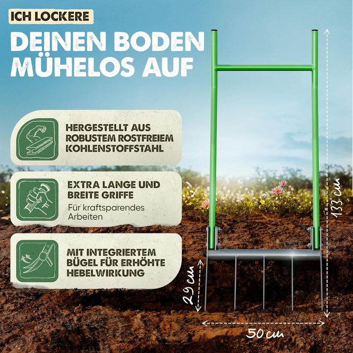 GARLINGO Grabegabel | 50cm Breite Broadfork | Mit Trittbügel für maximal Hebelwirkung | Gartengabel