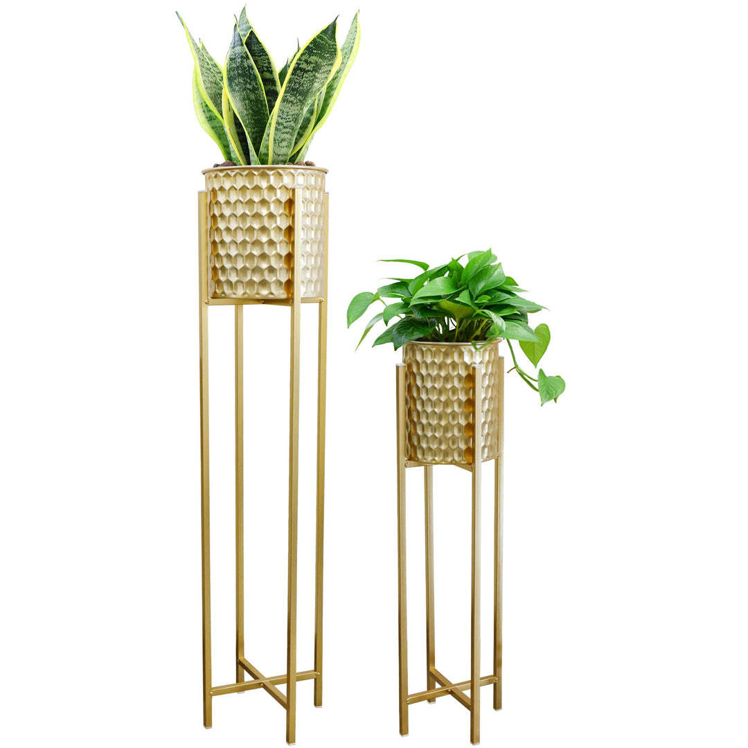 TRIROCKS Set von 2 hohen Pflanzgefässen mit Ständer Innen Aussen Metall Gold Pflanzgefässe für Pflan