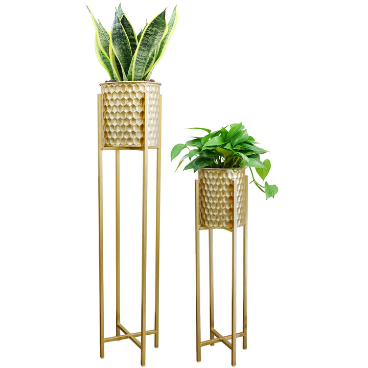 TRIROCKS Set von 2 hohen Pflanzgefässen mit Ständer Innen Aussen Metall Gold Pflanzgefässe für Pflan