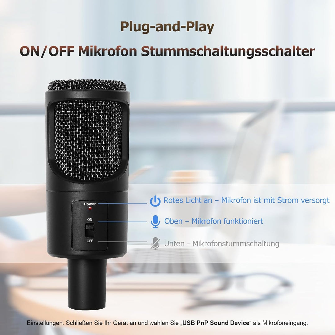 USB Mikrofon für PC PS4 PS5 Laptop, Kondensator Mikrofon mit faltbarem Stativ Stummschalter für Stre