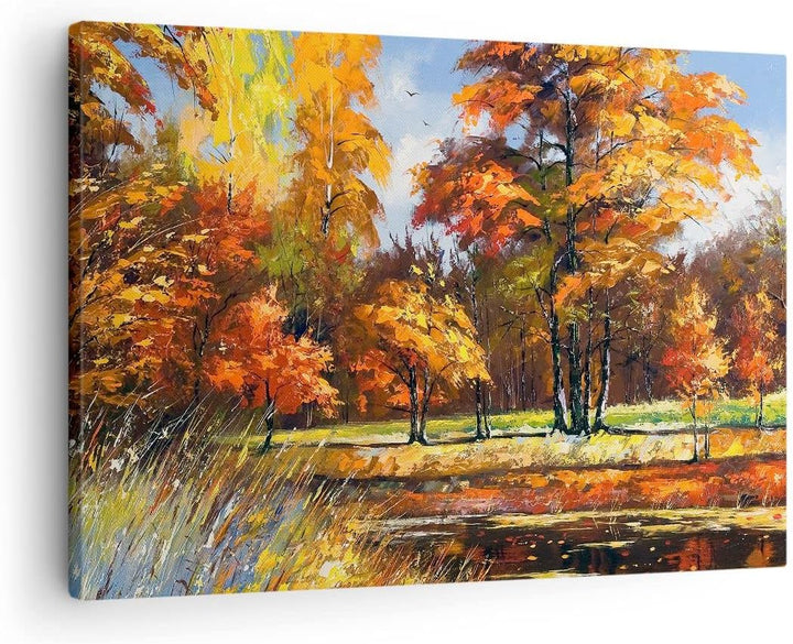 Bilder auf Leinwand Park Herbst Wasser Leinwandbild mit Rahmen 70x50cm Wandbilder Dekoration Wohnzim