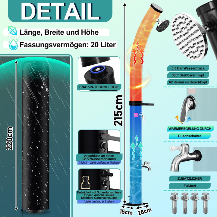 Solardusche 20L Bogen Solar Gartendusche warmes Wasser Bis Zu 60°C Ohne Stromanschluss Pooldusche Ca