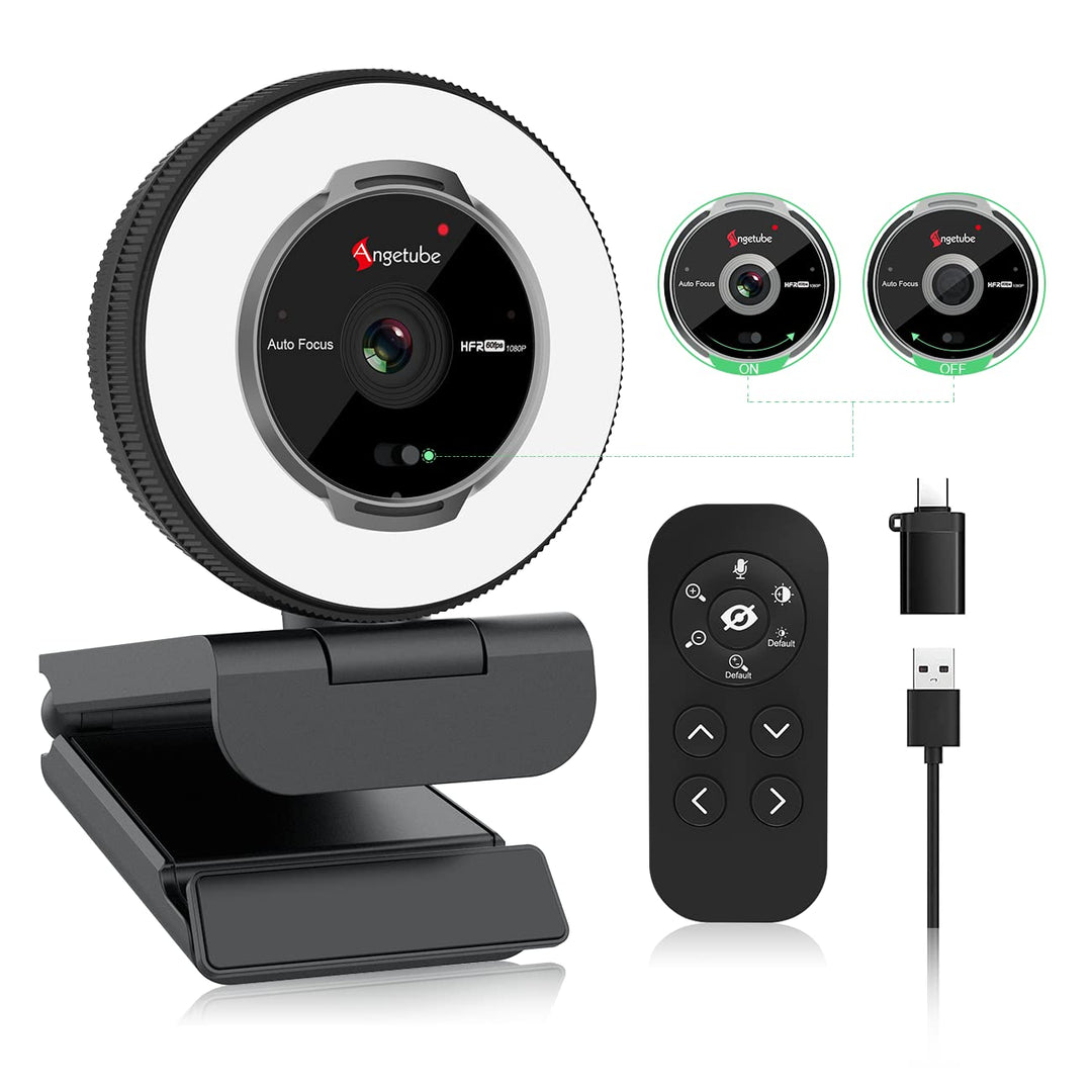 Angetube 60FPS 1080P Webcam mit Ringlicht - PC Kamera mit 5X Digitalzoom und Fernbedienung,Eingebaut