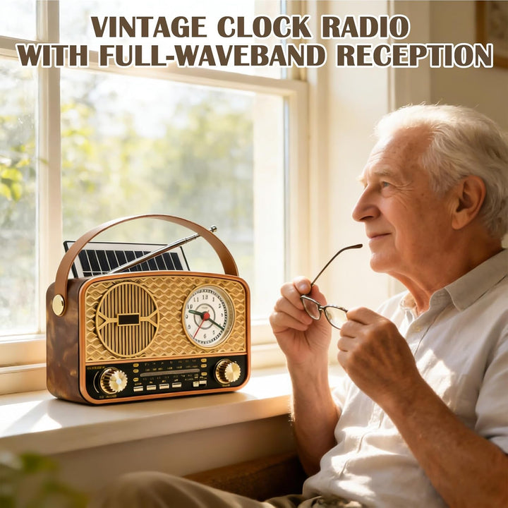 Solar Retro Radio AM/FM/SW, Retro Radio Mit Bluetooth, Vintage Kofferradio Mit Stromkabel, Wiederauf