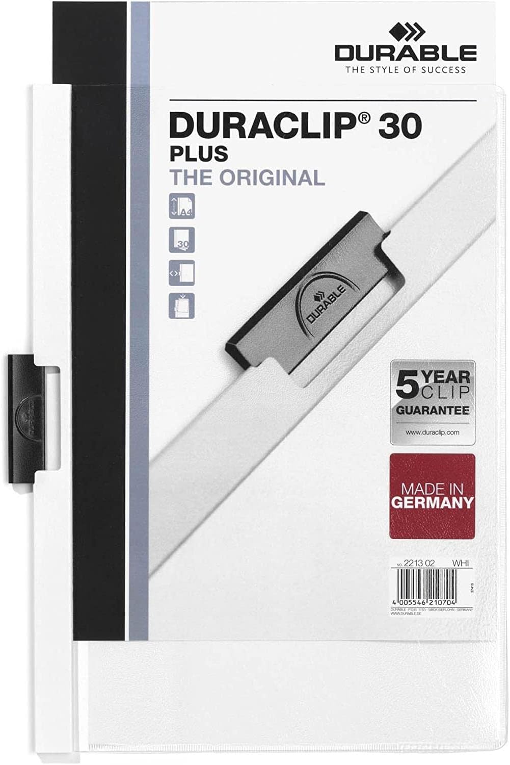 Durable Klemm-Mappe Duraclip 30 Plus, Hartfolie, bis 30 Blatt A4, weiss, 25er Packung, 221302