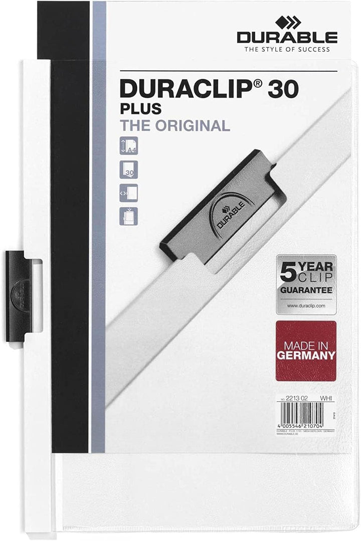 Durable Klemm-Mappe Duraclip 30 Plus, Hartfolie, bis 30 Blatt A4, weiss, 25er Packung, 221302