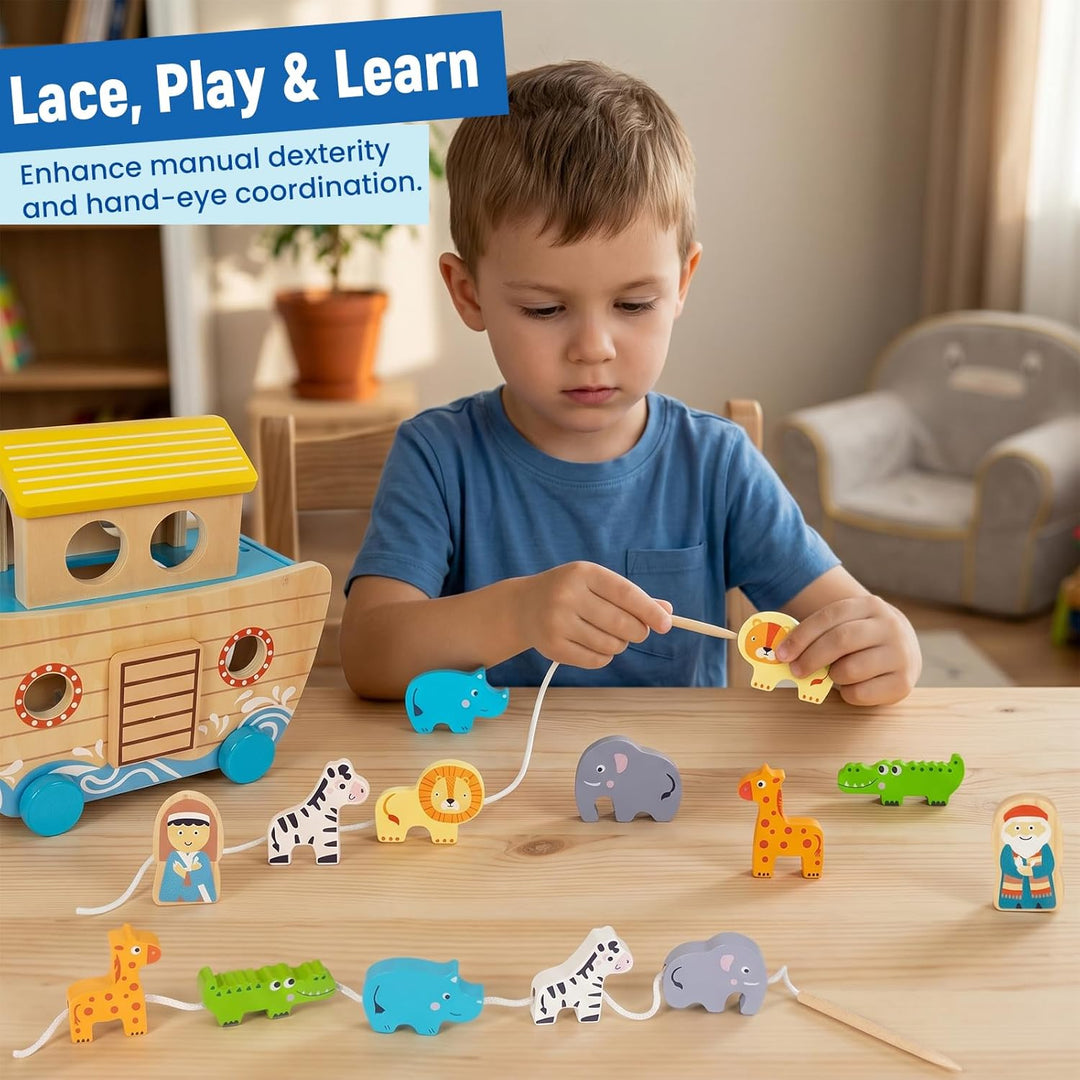 Holz Noah's Arche Spielzeug Montessori Tierseil Klassifikation Stapeln hölzerne ziehen entlang Klein
