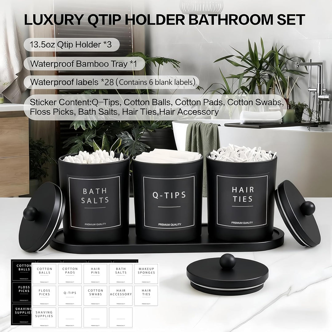 BIKALAN Glas Wattestäbchen Behälter, Schminktisch Badezimmer Organizer Set mit Tablett, Wattepadspen
