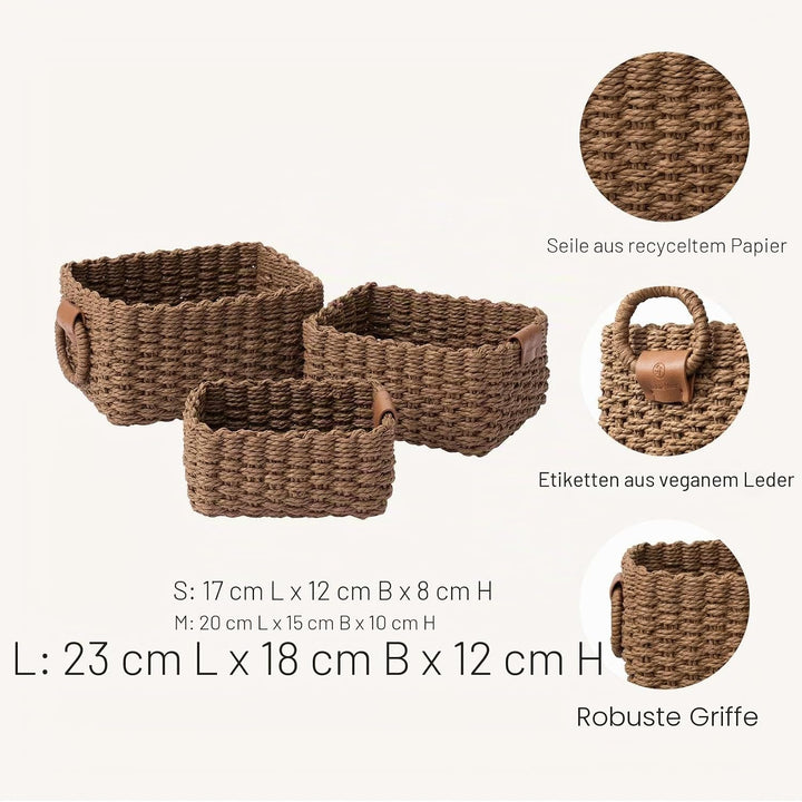 La Jolíe Muse Aufbewahrungskörbe, 3er Set aus gewebtem recyclebarem Papierseil, Aufbewahrungsboxen f