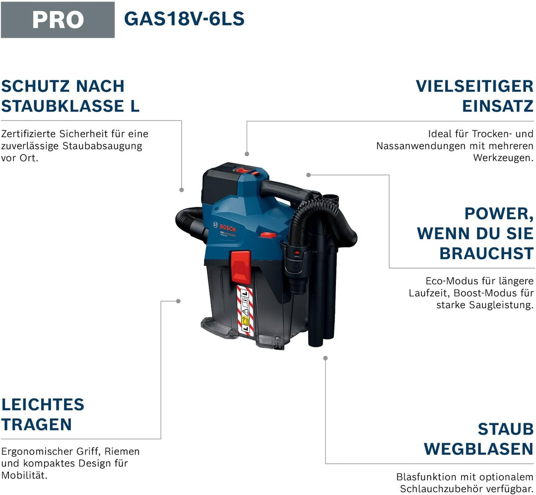 Bosch PRO 18V System Akku-Staubsauger GAS18V-6LS (inkl. flexiblem Schlauch, Winkelrohr, Fugendüse, B