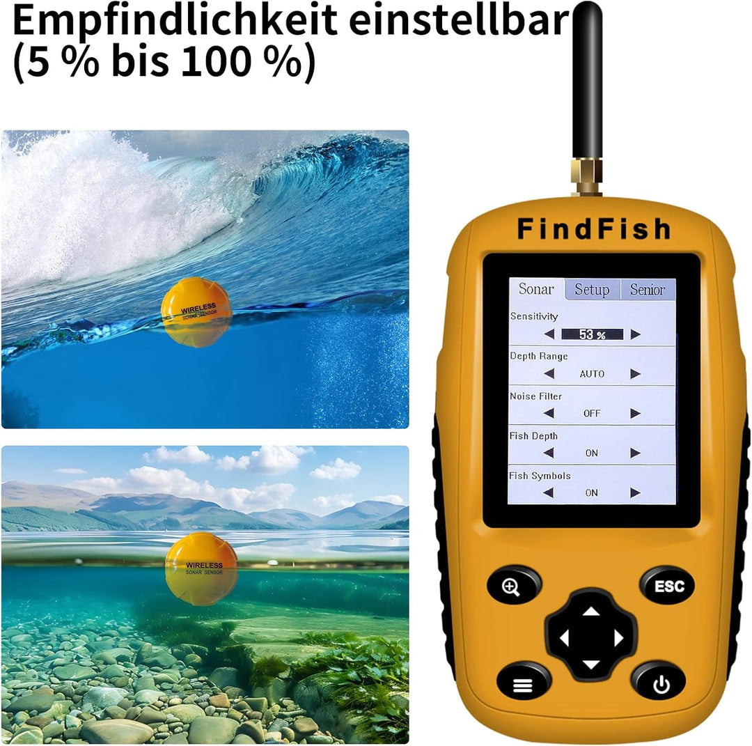 Fischfinder Wireless Fish Finder für Boote, Angeln im Kajak Echolot mit Tiefenmesser, Fischgrösse, W