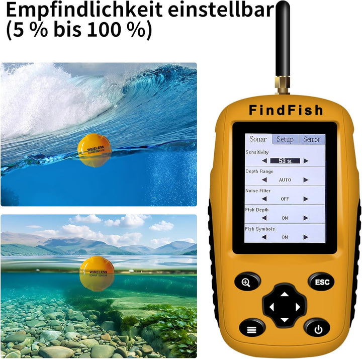 Fischfinder Wireless Fish Finder für Boote, Angeln im Kajak Echolot mit Tiefenmesser, Fischgrösse, W