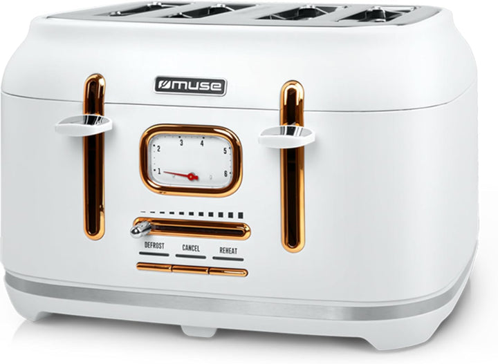 Muse Edelstahl-Toaster im weissen Retro Design, analoge Anzeige, beleuchtete Tasten, 6 Bräunungsstuf