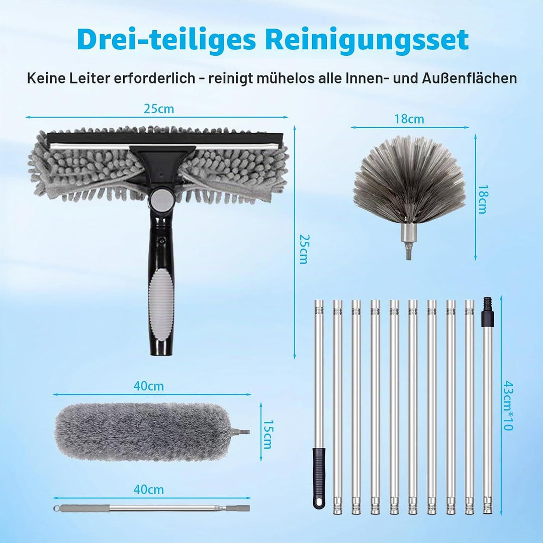Staubwedel Teleskop 5m mit Teleskopierbarer Verlängerungsstange | 1,5 bis 4,3 m, 3-in-1 Fensterabzie