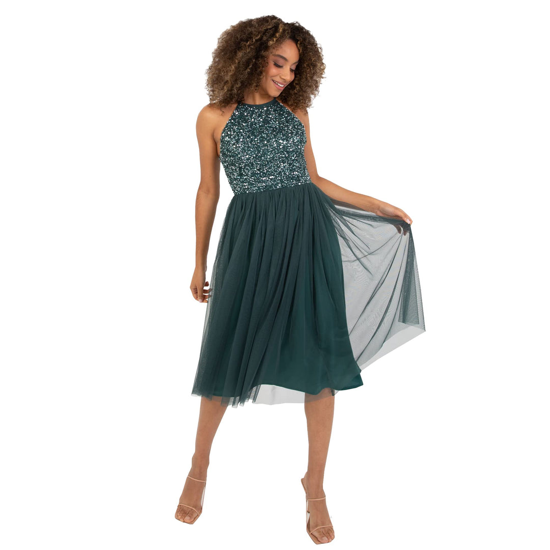 Maya Deluxe Damen Embellished Halter Neck Midi Bridesmaid Dress 44 Emerald Green, 44 Emerald Green